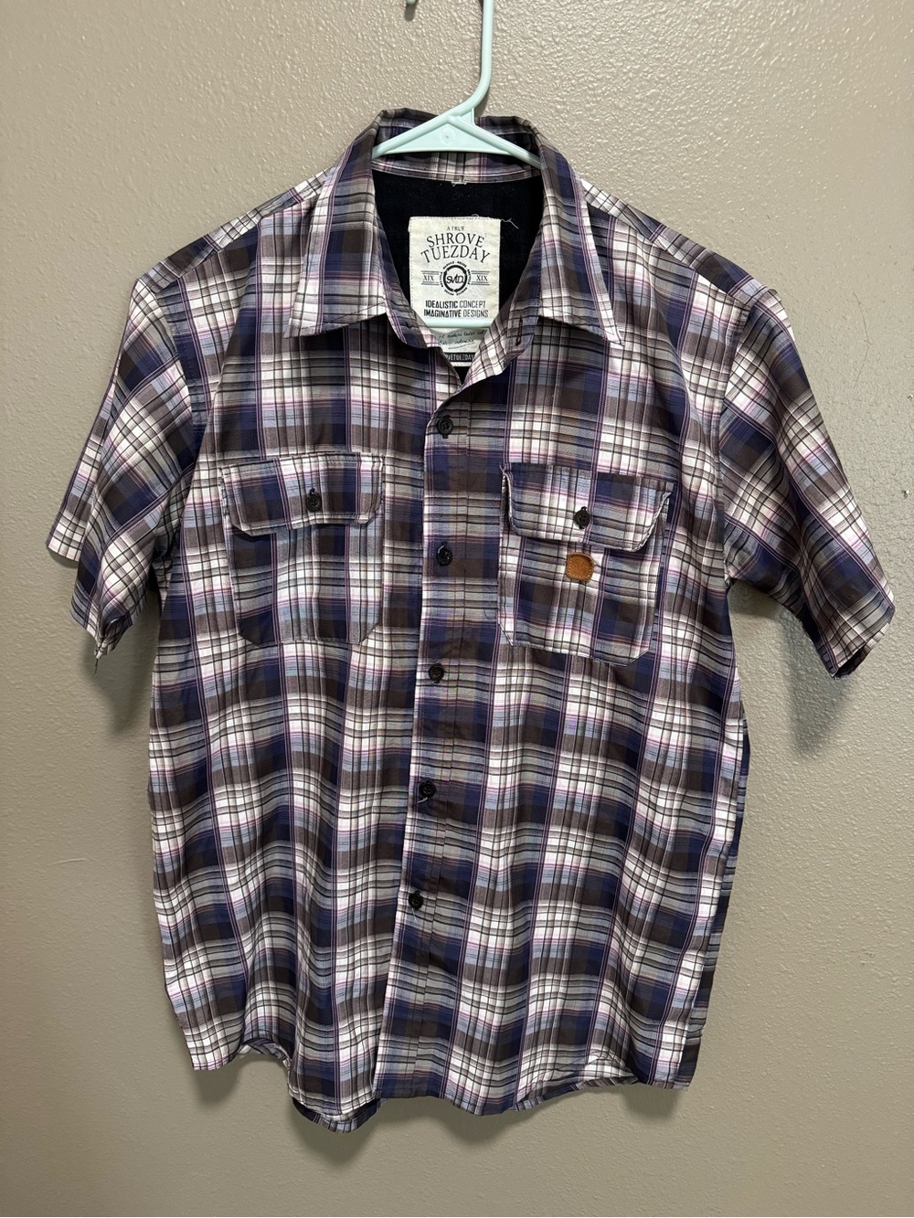Shrove Tuesday Men's Short-Sleeve Plaid Button-Down Shirt - Purple/White